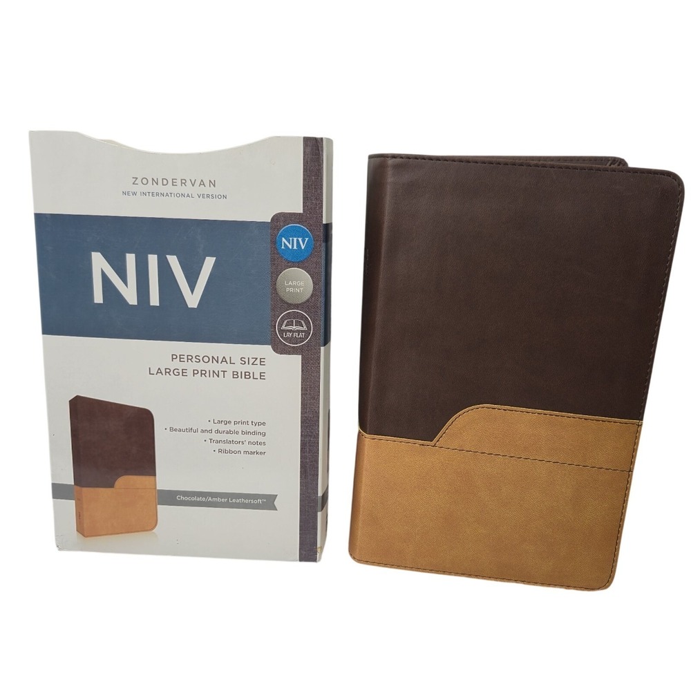 Zondervan NIV Bible Large Print DuoTone Chocolate Amber Leathersoft Lay Flat NEW